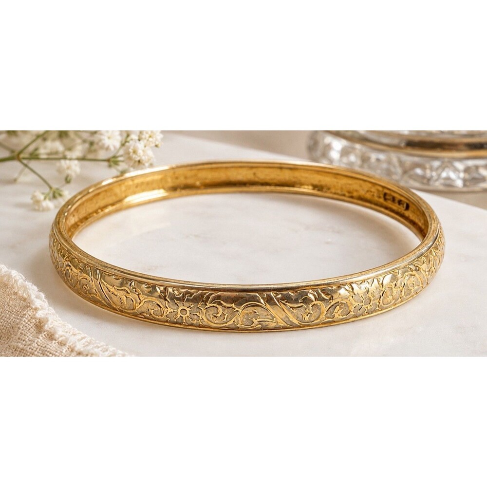 Vintage 1970s Monet Gold Tone Floral Scroll Etched Bangle Bracelet Slip On